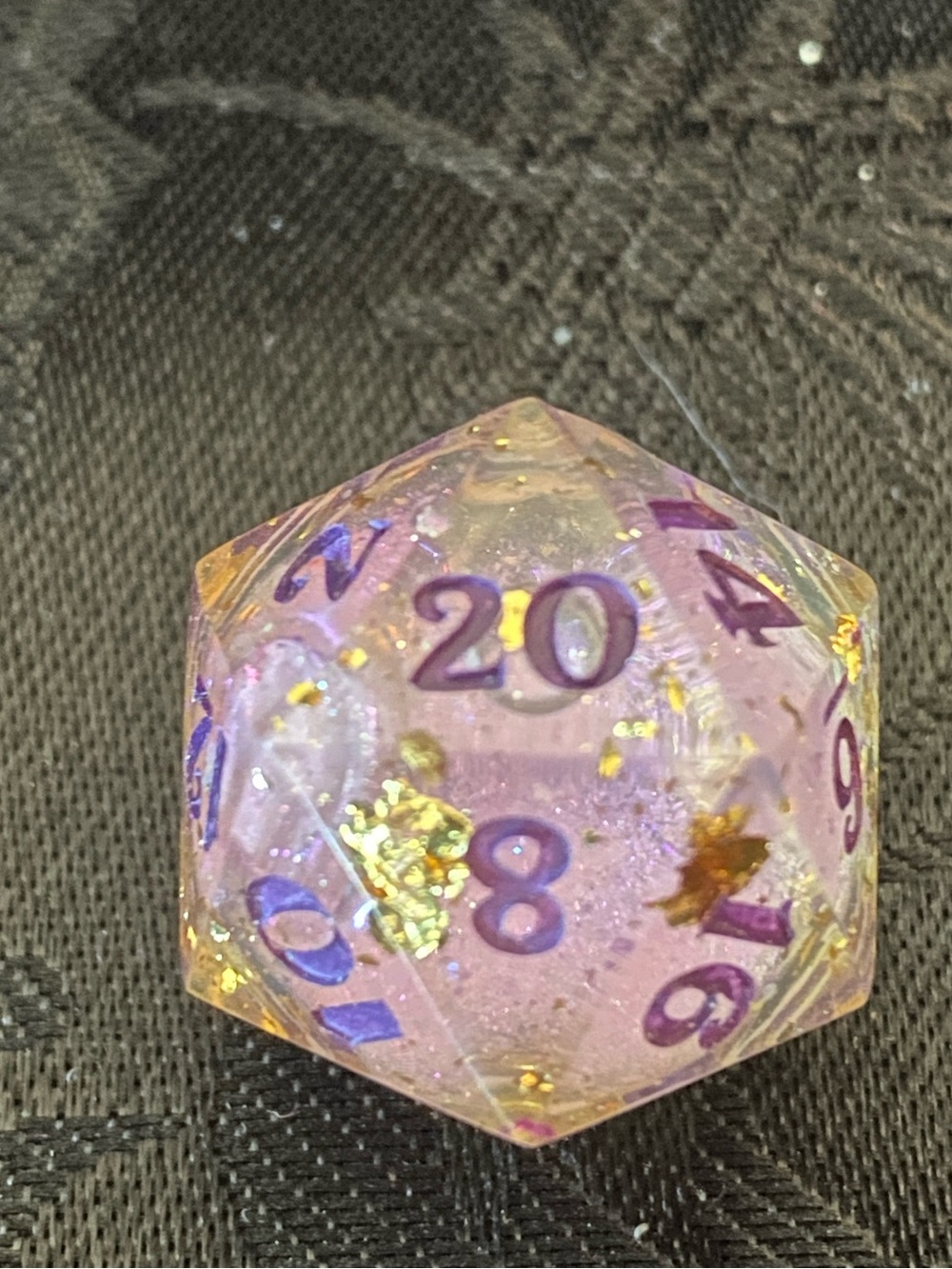 Handmade Dice - Iridescent Liquid Core Purple D20 with Gold Leaf